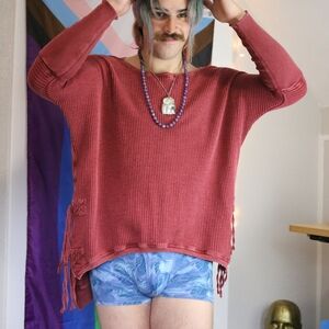 Free People One Maroon Waffle Knit Asymmetrical Boho Tie Waist Sweater